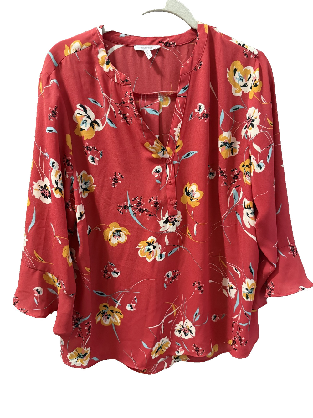 Maurices Red Sheer Floral Blouse Bell Sleeve Size 1X Cottagecore Workwear Office